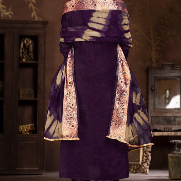Dark Purple Weaved Chanderi Silk Straight Cut Trouser Suit - Picture 2 of 5